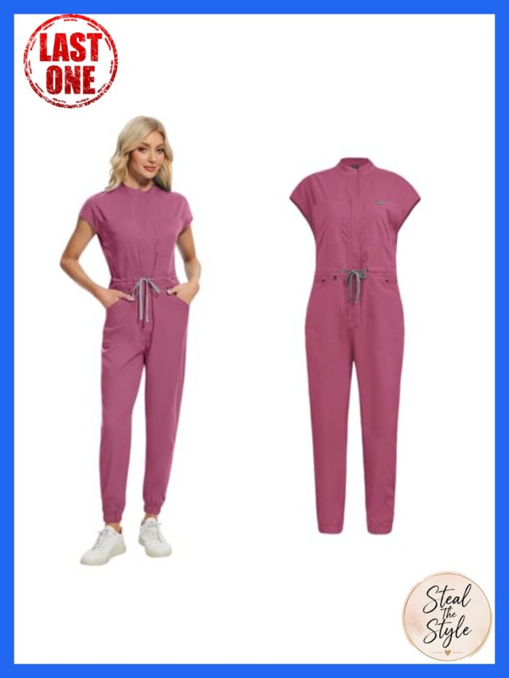 Women's Scrub Jumpsuit One Piece Drawstring Waist 9 Pockets Sleeveless